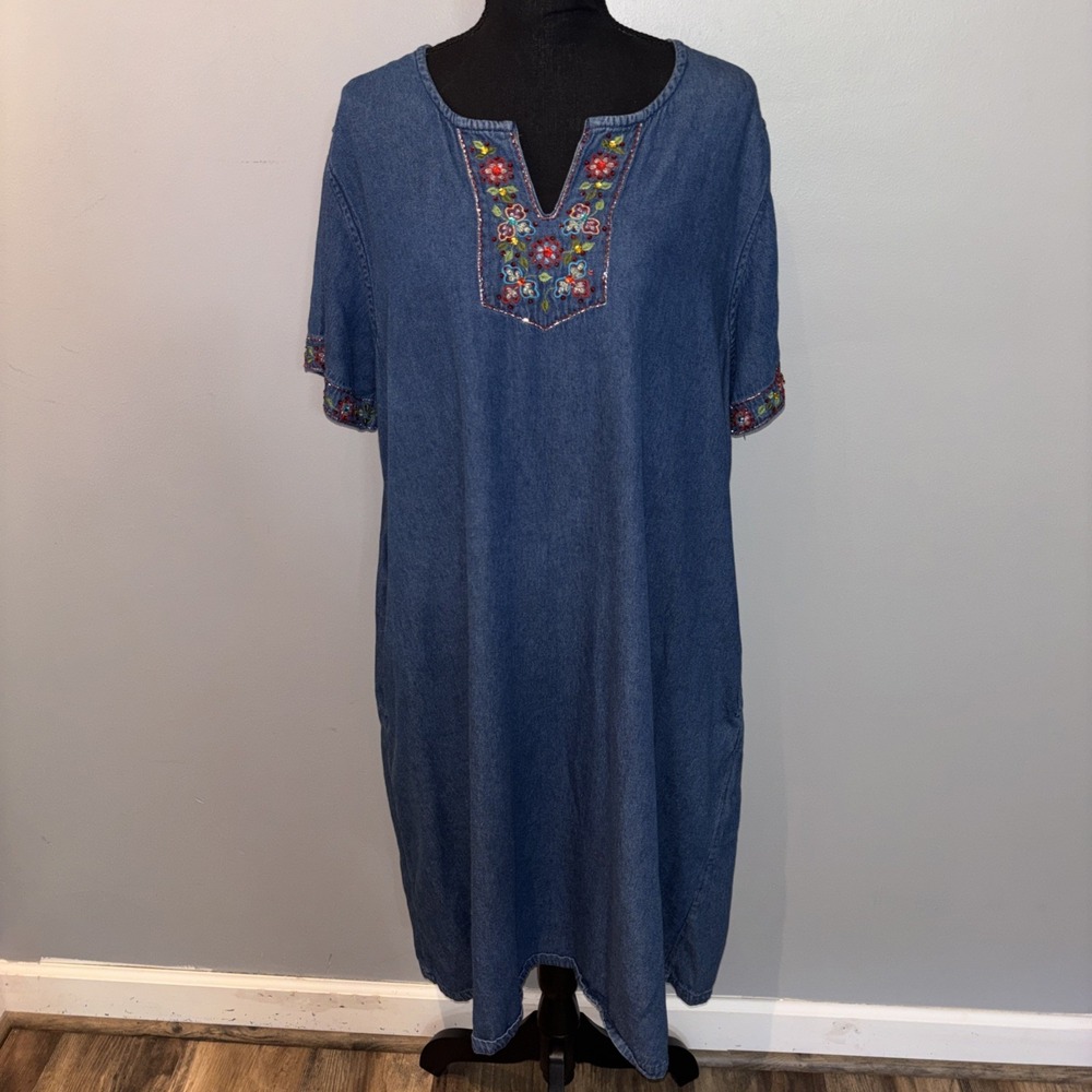 Vintage Anna Maxwell Denim Dress Midi Embroidery Beaded Women's 2XWP 22/24